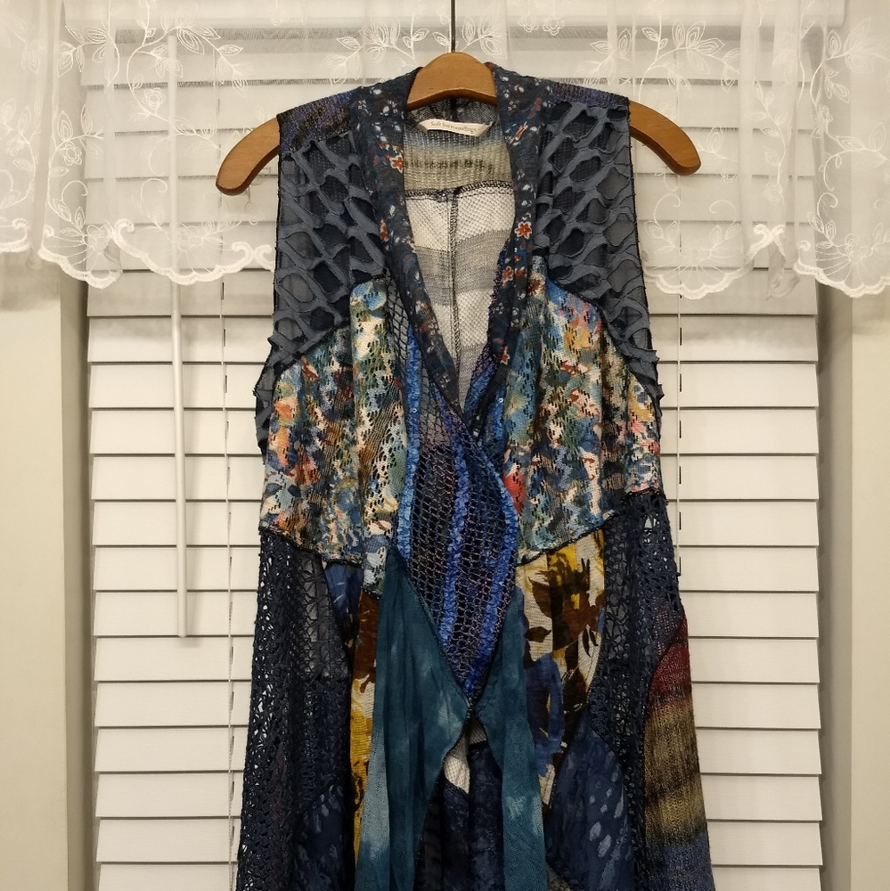 Soft Surroundings Boho Vest in multi color blues and tans